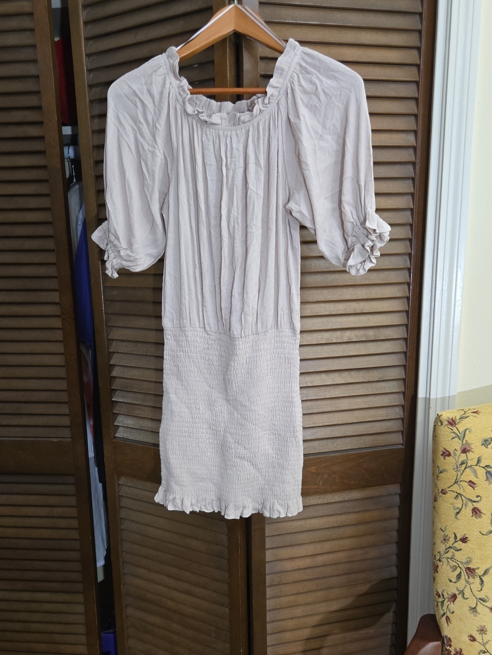 MABLE Smocked skirt Beige Mini Dress with Ruffled Neckline And Sleeves NWOT